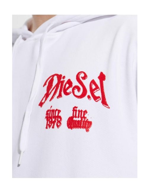 DIESEL White Cotton Hoodie With Flocked Graphics for men