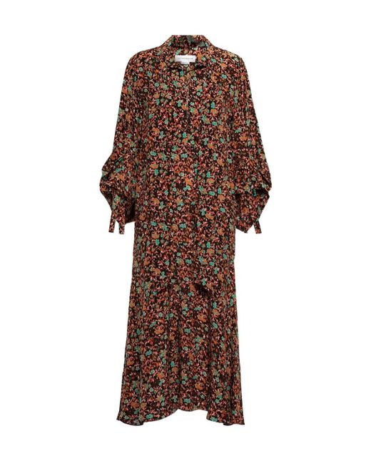 Victoria Beckham Brown Floral Silk Midi Dress With Tie-Neck