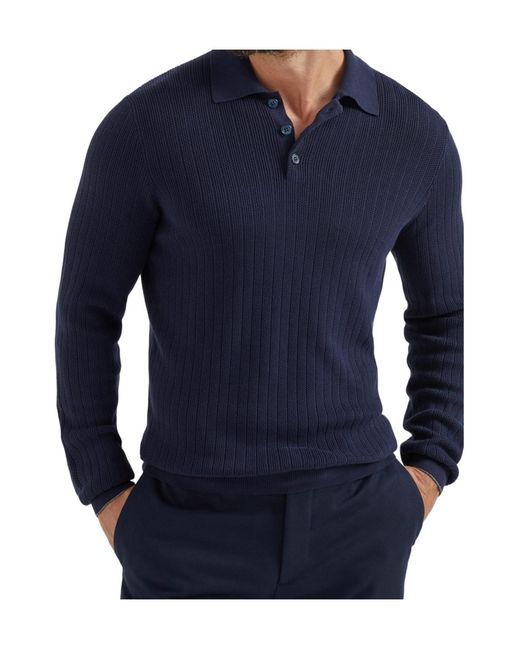 Brunello Cucinelli Blue Long Sleeved Ribbed Polo Shirt for men