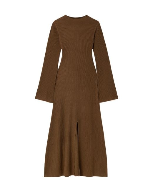 LeKasha Brown Logan Ribbed Organic Cashmere Midi Dress