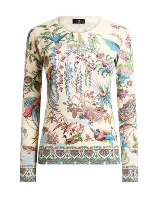 Etro Multicolor Silk And Cashmere Sweater With Flora And Fauna Motif