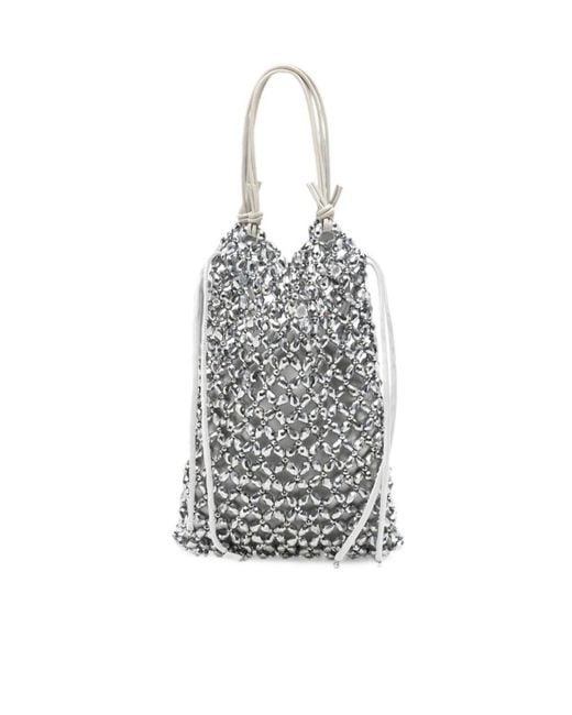 Staud White Karla Beaded-Mesh Drawstring Tote Bag