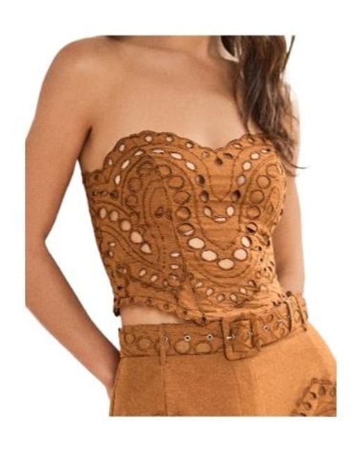 Charo Ruiz Brown Kai Embroidered Strapless Top