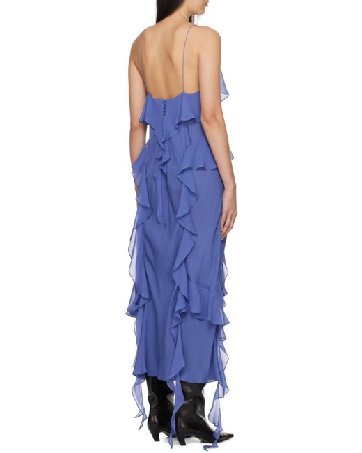 Khaite Blue Ruffle-Trim Plunging V-Neck Maxi Dress