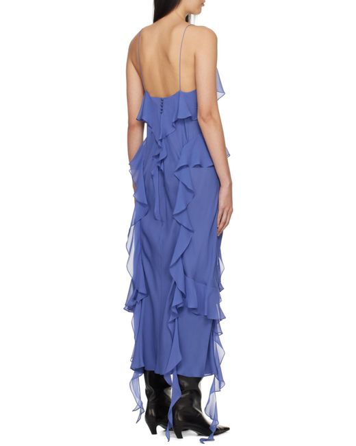 Khaite Blue Ruffle-Trim Plunging V-Neck Maxi Dress