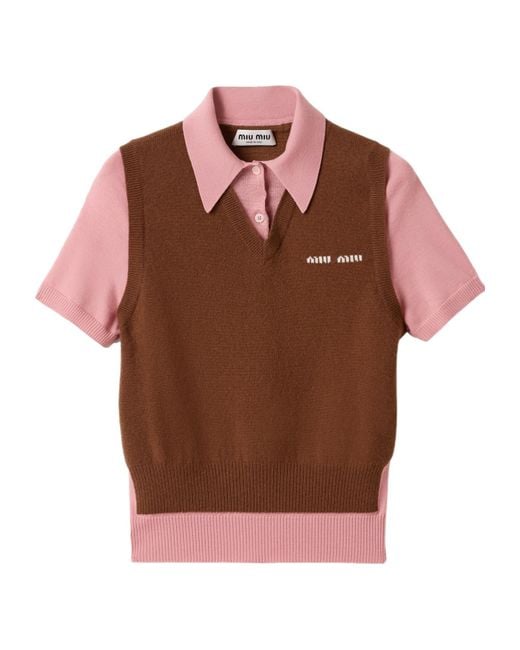 Miu Miu Brown Layered Wool And Cashmere Polo Shirt