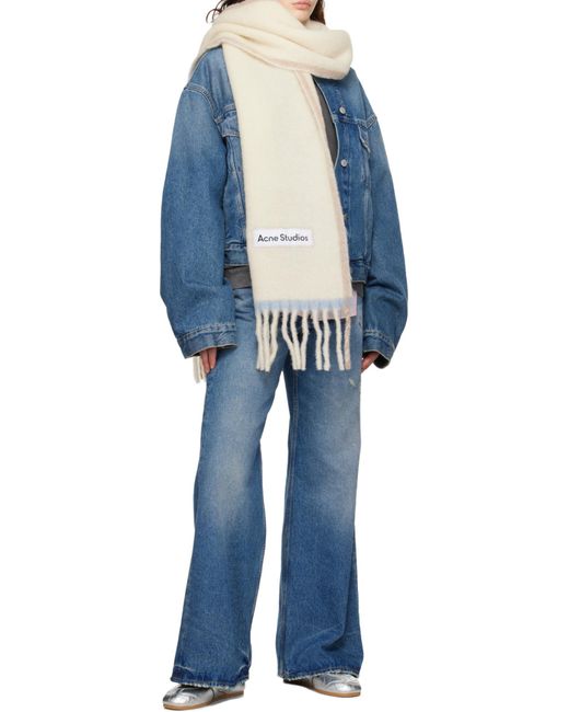 Acne White Logo Patch Fringed Edge Scarf