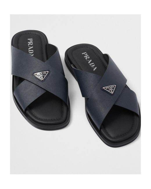 Prada Blue Saffiano Leather Crisscross Slides for men