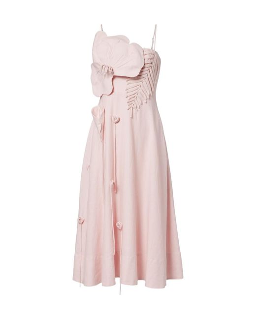 Farm Rio Pink Floral-Appliqué Linen-Blend Midi Dress