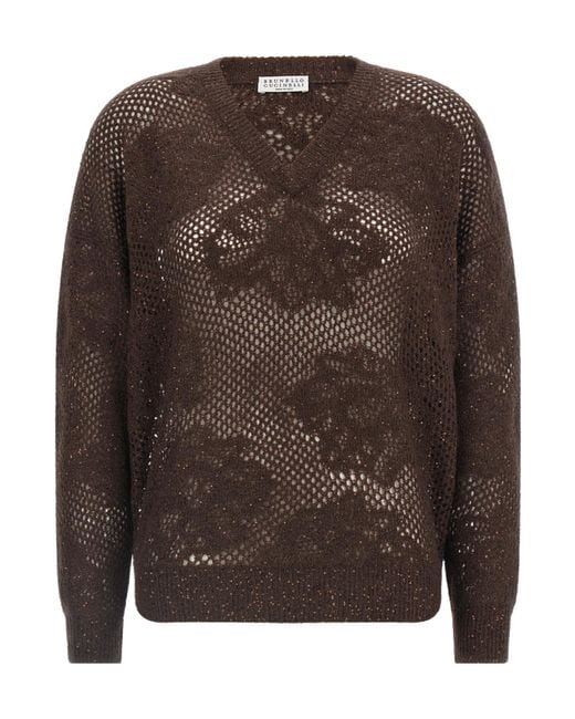 Brunello Cucinelli Brown 'Flower Lace' Sweater