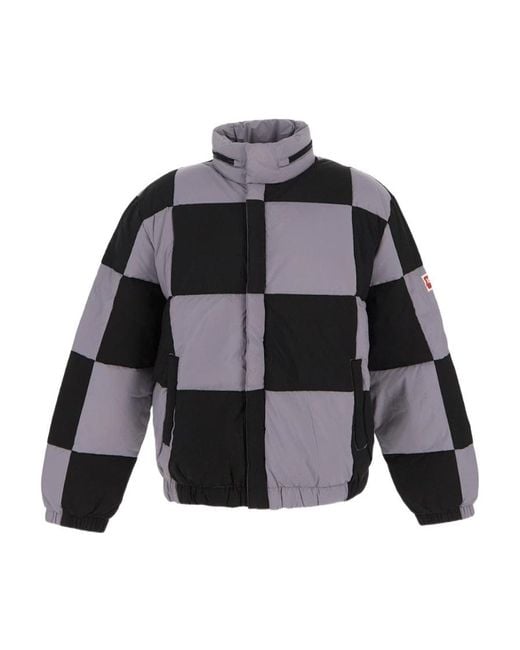 KENZO Gray Checked Boxy Padded Coat for men