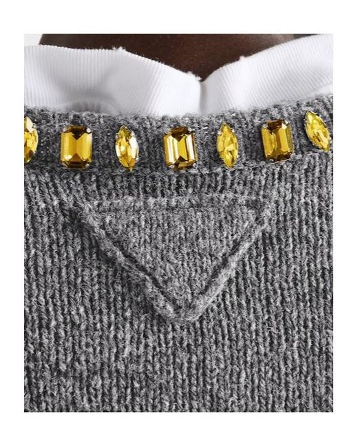 Prada Gray Wool-Cashmere Embellished Sweater