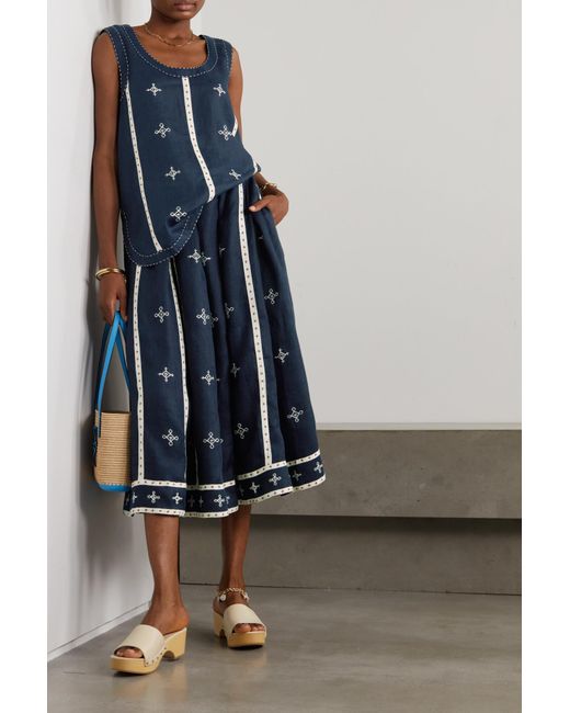 Vita Kin Blue Gera Embroidered Linen Midi Skirt