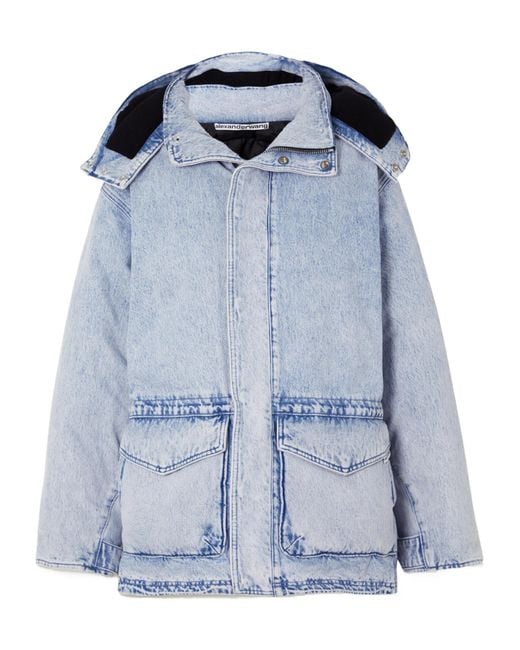 Alexander Wang Blue Oversized Hooded Padded Bleached Denim Jacket