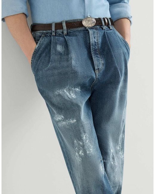 Brunello Cucinelli Blue Comfort Cotton Denim Iconic-Fit Five-Pocket Trousers With Double Pleats And Rips for men