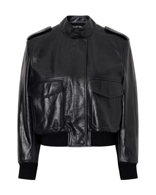 Tom Ford Black Shiny Leather Stand-Collar Bomber Jacket