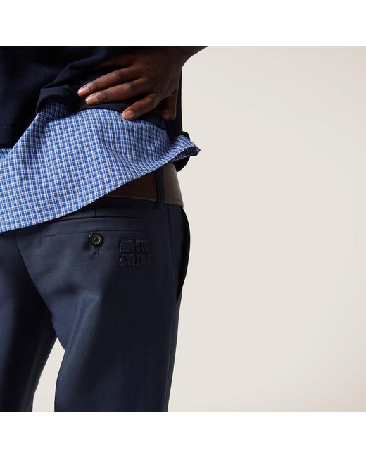 Miu Miu Blue Logo-Embroidered Straight Leg Trousers