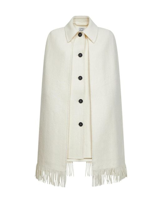 Totême White Bouclé Fringe Cape Coat