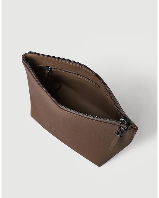 Brunello Cucinelli Brown Grained Calfskin Pouch With Shiny Zipper Pull