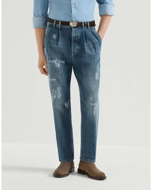 Brunello Cucinelli Blue Comfort Cotton Denim Iconic-Fit Five-Pocket Trousers With Double Pleats And Rips for men