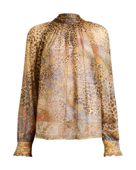 Etro Brown Paisley And Animal Printed Scarf Chiffon Blouse