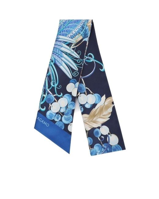 Ferragamo Blue Patterned Printed Silk Scarf