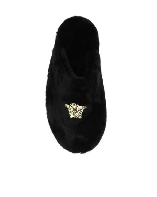 Versace Black Medusa Plaque Fur Slippers for men