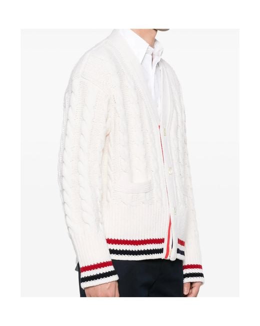 Thom Browne White V-Neck Long-Sleeved Knitted Sweater for men