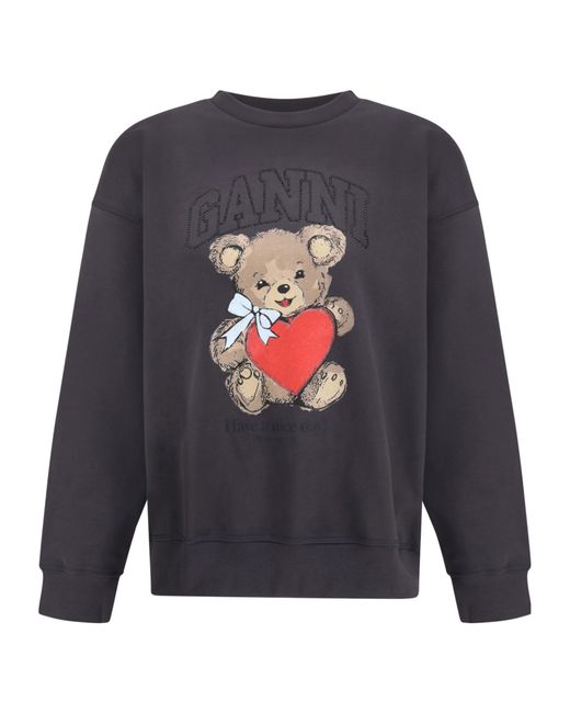 Ganni Gray Bear-Printed Crewnecj Sweatshirt