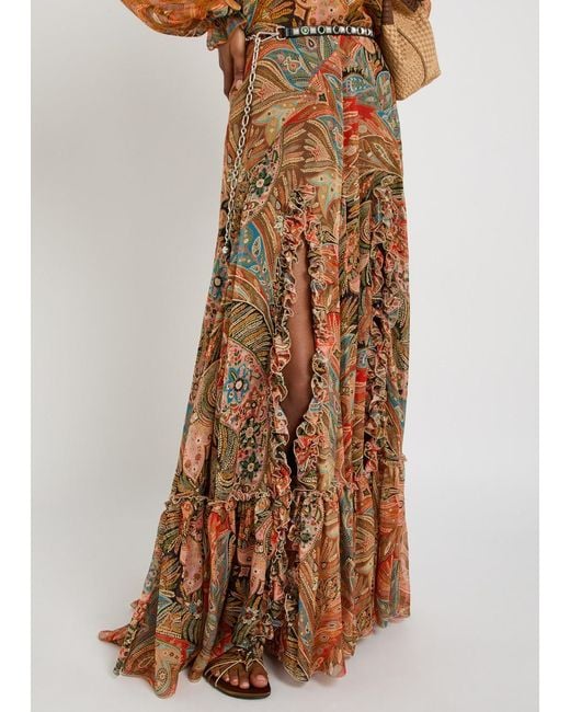 Etro Brown Paisley Ruffled Silk Maxi Skirt