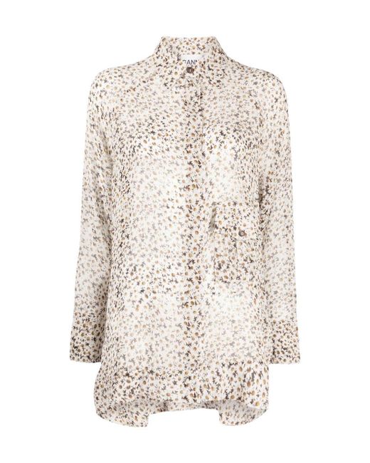 Ganni White Floral-Print Long-Sleeve Shirt