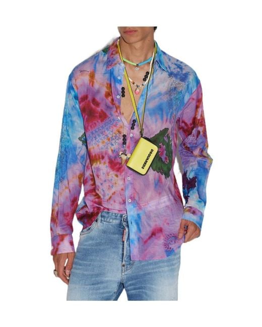DSquared² Blue Tie-Dye Cotton Shirt for men