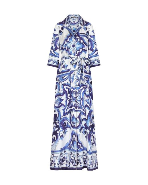 Dolce & Gabbana Blue Majolica-Print Maxi Shirt Dress