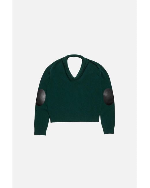 Acne Green V-Neck Leather-Patch Sweater