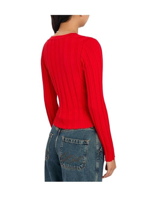 Staud Red Solid Ribbed-Knit Cardigan