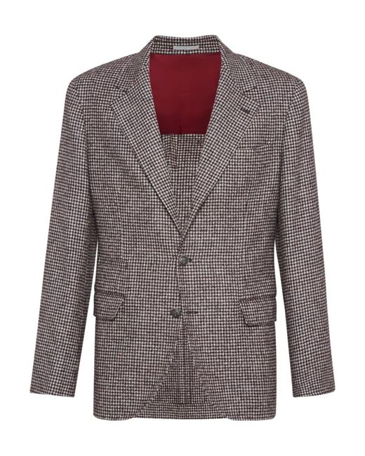 Brunello Cucinelli Brown Houndstooth Single Breasted Blazer for men