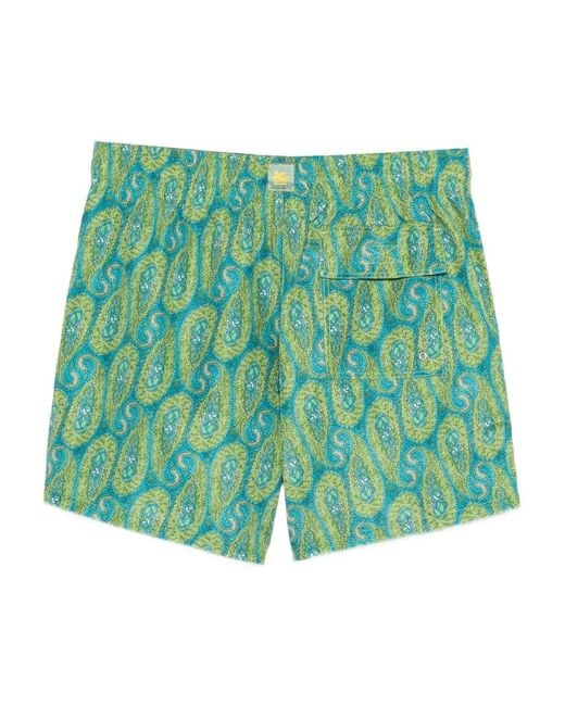 Etro Green Paisley Printed Drawstring Swim Shorts for men