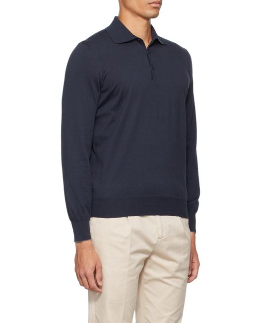 Brunello Cucinelli Blue Long-Sleeved Knitted Polo Shirt for men