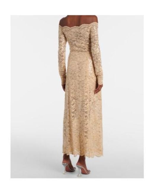Rabanne Natural Sequined Off-Shoulder Lace Maxi Dress
