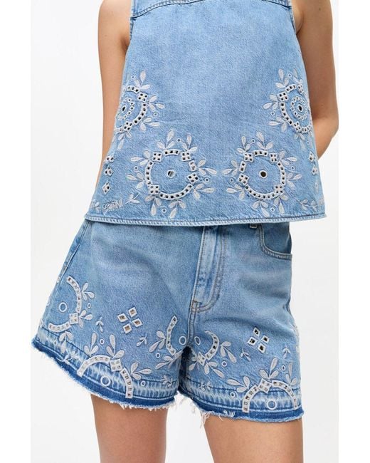 Ganni Blue Broderie Anglaise Denim Shorts