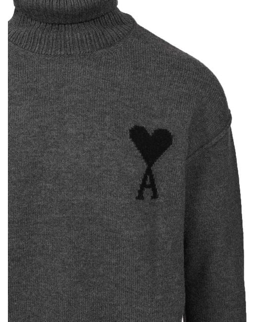 AMI Gray Heart-Logo Turtleneck Sweater for men