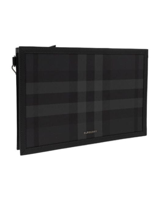 Burberry Black Frame Logo Plaque Checked Clutch Bag for men