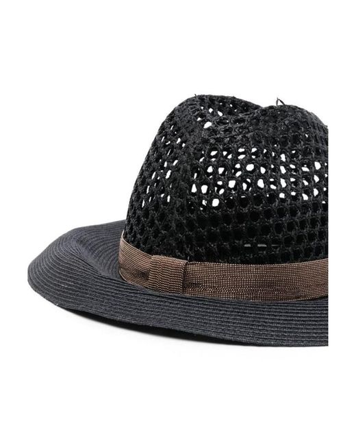 Brunello Cucinelli Black Net Interwoven Straw Fedora Hat