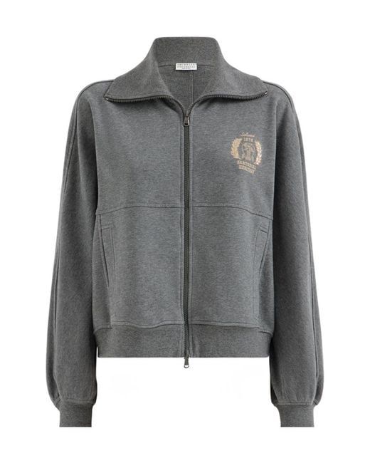 Brunello Cucinelli Gray Logo-Embroidered Zip-Up Hoodie