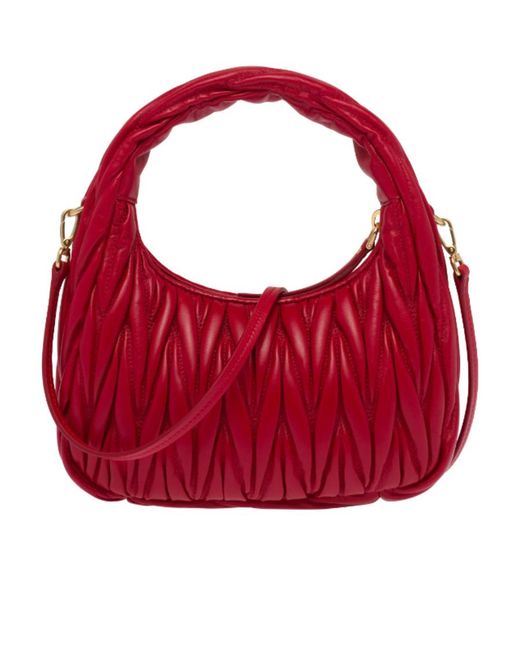 Miu Miu Red Wander Matelassé Logo Plaque Mini Hobo Bag