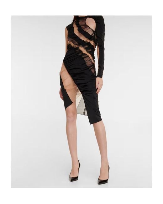 Mugler Black Ruched Tulle-Paneled Minidress