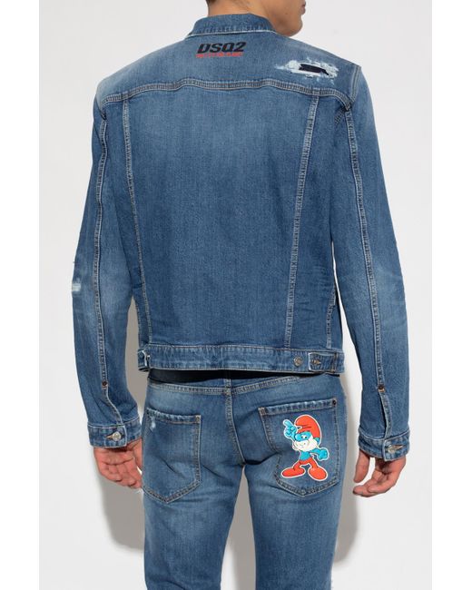 DSquared² Blue The Smurfs Distressed-Effect Denim Jacket for men
