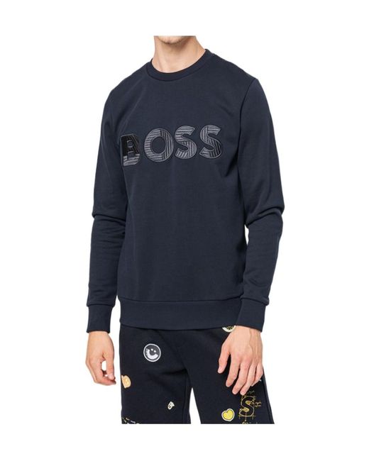 Boss Blue Logo-Print Crew-Neck Sweater for men