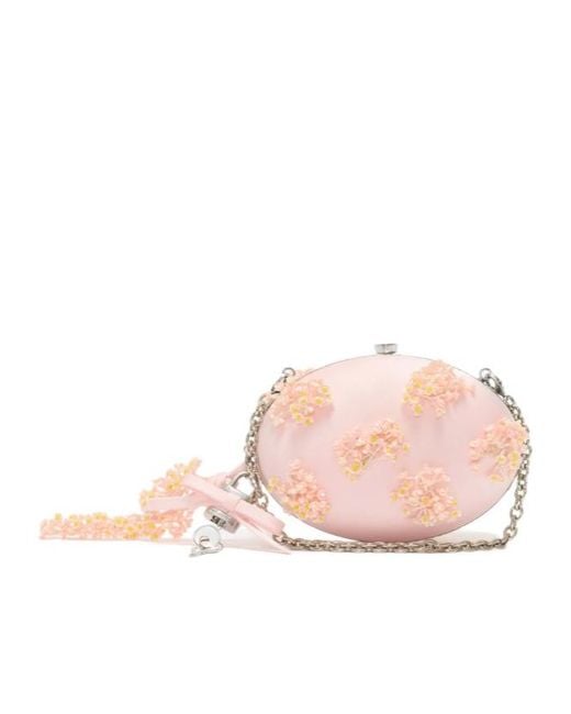 Self-Portrait Pink Satin Floral Beaded Oval Clutch