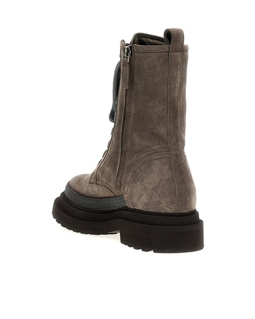 Brunello Cucinelli Brown Monile-Detailed Lace-Up Ankle Boots